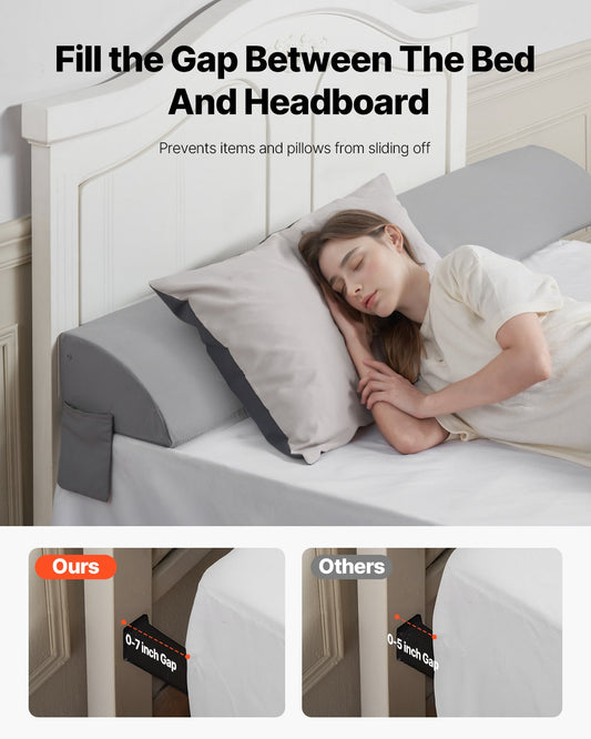 King Size Headboard Wedge Pillow with Side Pocket - 72"x10"x6" Mattress Gap Filler, Anti-Slip Design, Easy Clean, Gray