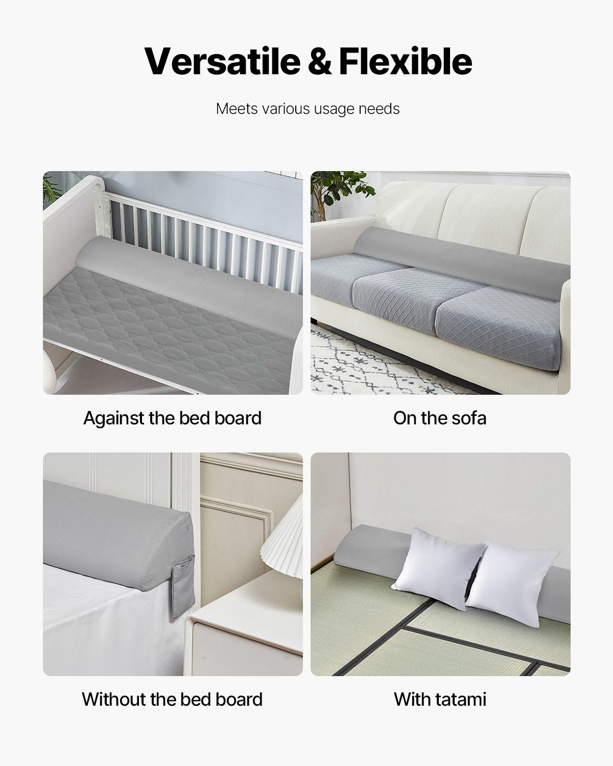 King Size Headboard Wedge Pillow with Side Pocket - 72"x10"x6" Mattress Gap Filler, Anti-Slip Design, Easy Clean, Gray