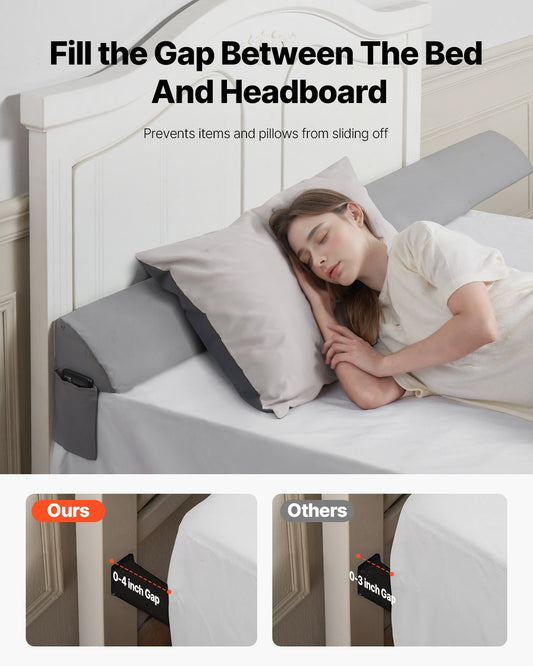 King Size Bed Wedge Pillow with Side Pocket - Headboard Gap Filler, Anti-Slip Design, Easy Clean, 25D Foam Support, Gray