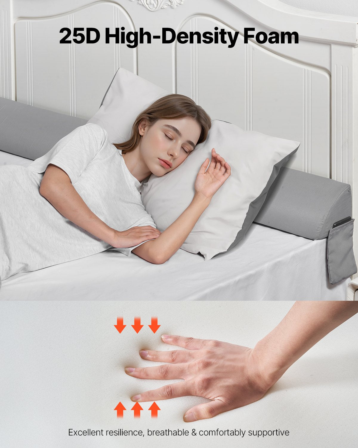 King Size Bed Wedge Pillow with Side Pocket - Headboard Gap Filler, Anti-Slip Design, Easy Clean, 25D Foam Support, Gray