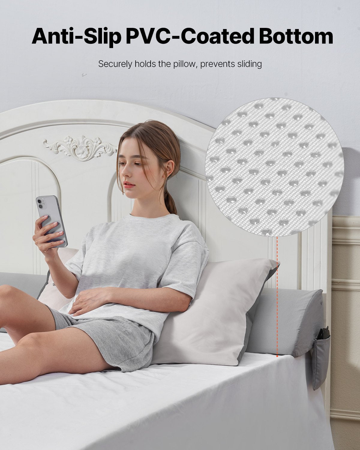 King Size Bed Wedge Pillow with Side Pocket - Headboard Gap Filler, Anti-Slip Design, Easy Clean, 25D Foam Support, Gray