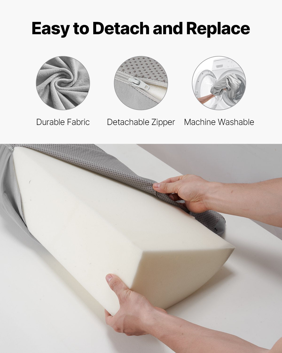 King Size Bed Wedge Pillow with Side Pocket - Headboard Gap Filler, Anti-Slip Design, Easy Clean, 25D Foam Support, Gray