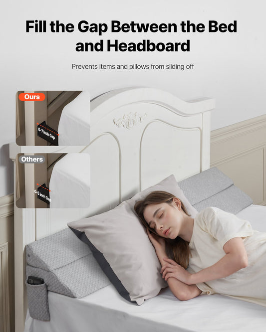 King Size Bed Wedge Pillow with Side Pocket - Gap Filler for Headboard & Mattress, 76"x10"x6", Gray, Anti-Slip, Easy Clean