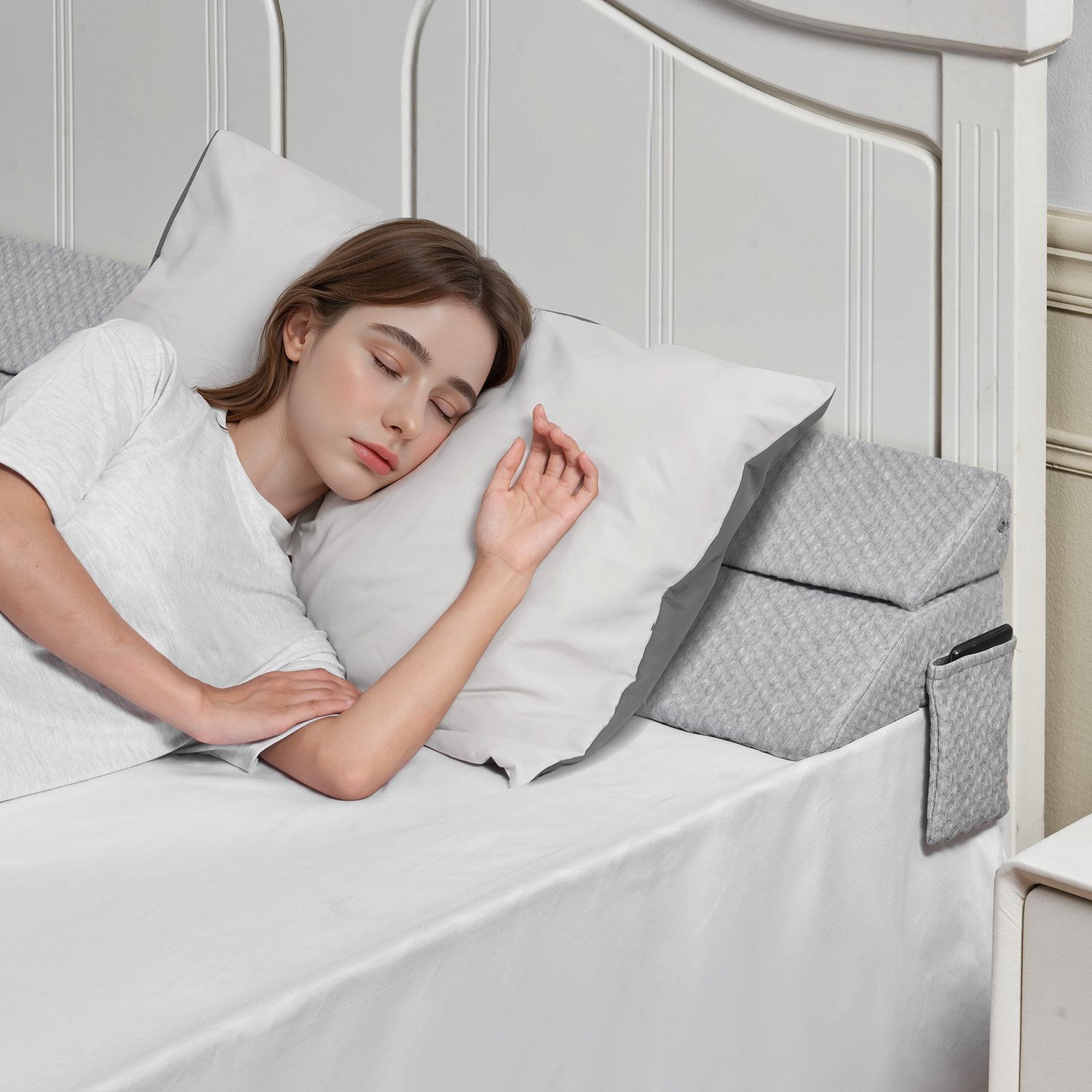King Size Bed Wedge Pillow with Side Pocket - Gap Filler for Headboard & Mattress, 76"x10"x6", Gray, Anti-Slip, Easy Clean
