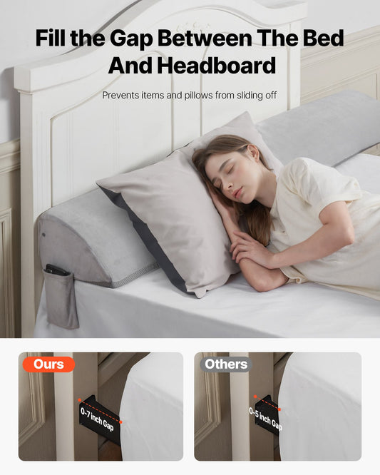 King Size Bed Wedge Pillow for Headboard - Soft Plush Gap Filler with Side Pocket, Anti-Slip Design for Mattress Support and Comfort