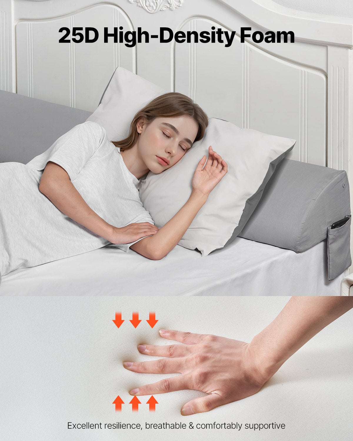 King Size Bed Wedge Pillow with Side Pocket - 76"x8"x6" Gap Filler for Headboard, 25D Foam Support, Anti-Slip, Easy to Clean, Gray