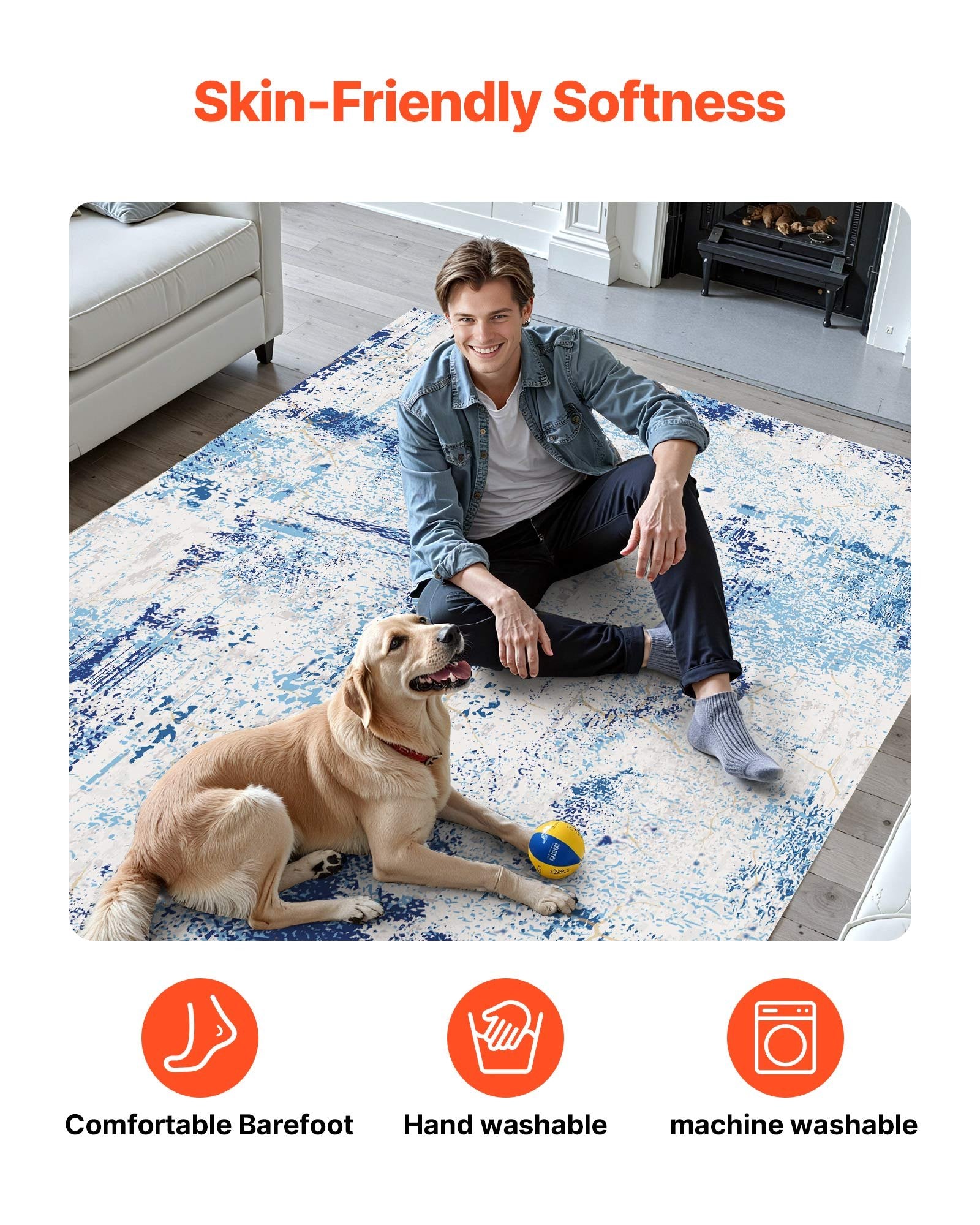 Large 5x7 ft Washable Blue Area Rug - Soft, Non-Slip, Tear-Resistant Carpet for Bedroom, Living Room, Kids Room, Office, Pet & Child Friendly