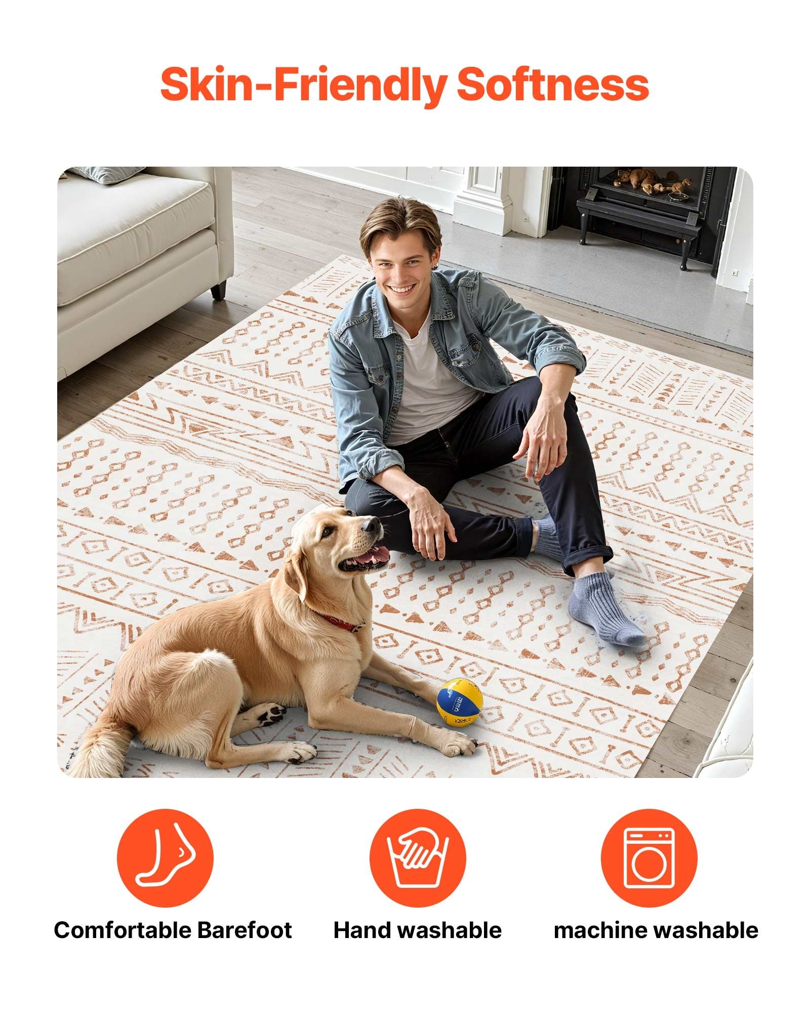 Large Beige Washable Area Rug 5x7 ft - Non-Slip, Tear-Resistant, Pet & Child Friendly Soft Carpet for Bedroom, Living Room, Office, Kids Room, Entryway