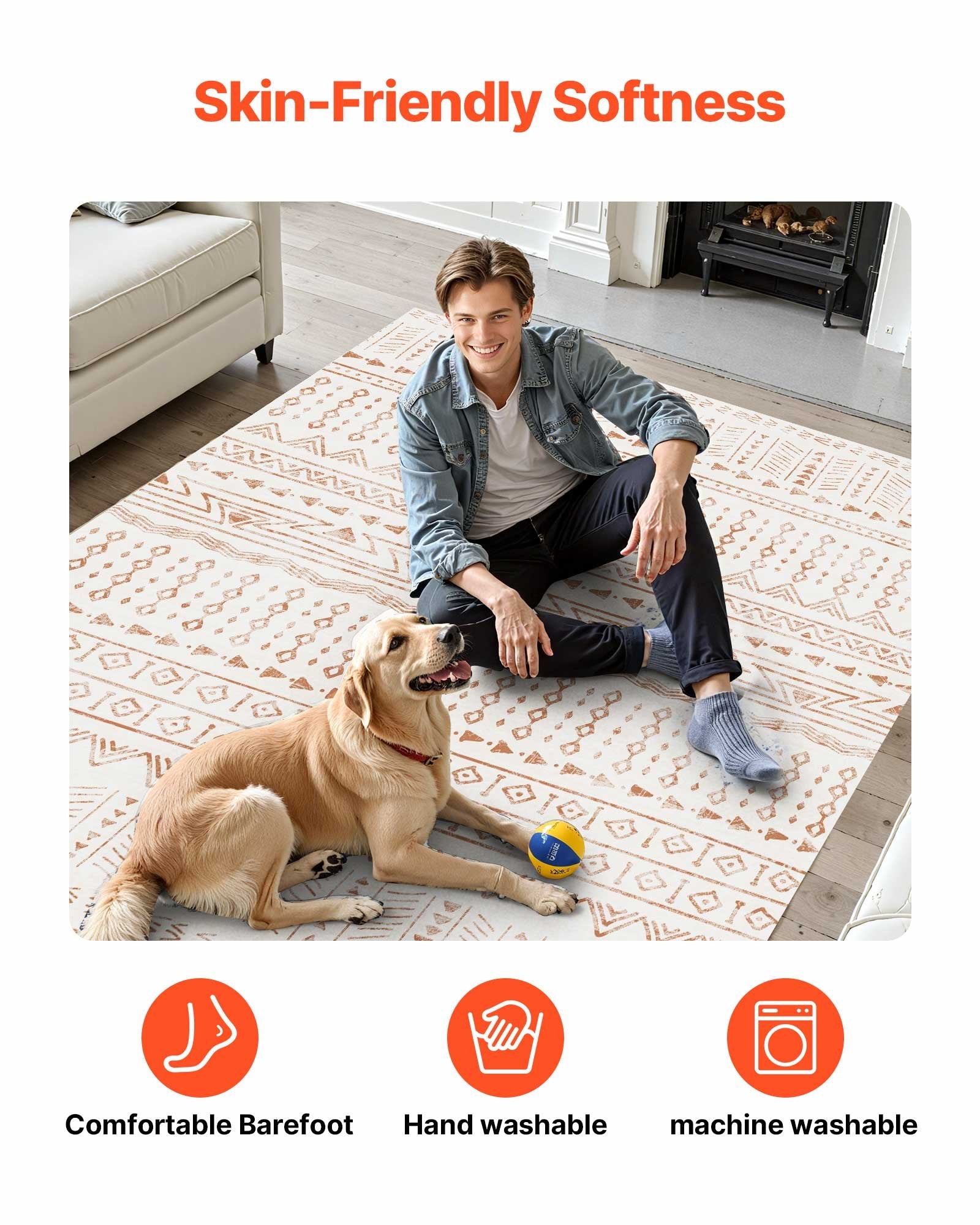 Modern Beige Area Rug 5x8 ft - Washable, Non-Slip, Tear-Resistant Carpet for Bedroom, Living Room, Office, Kids Room, Pet & Child Friendly Mat