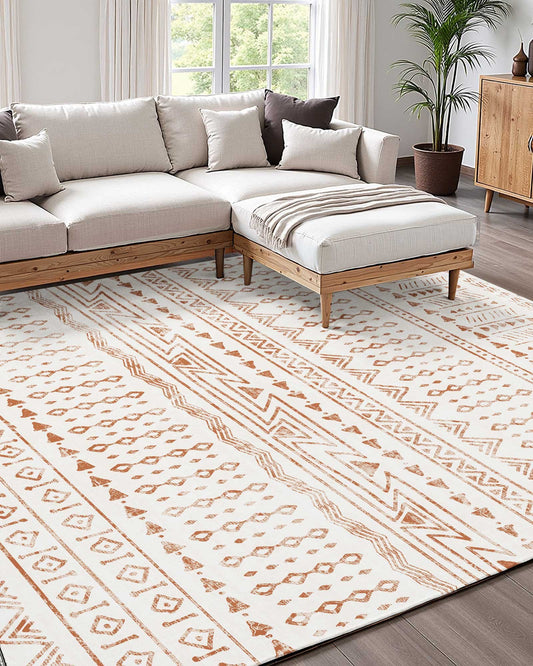 Large 6x9 ft Beige Modern Area Rug - Soft, Washable, Non-Slip, Tear-Resistant Carpet for Bedroom, Living Room, Office, Kids, Pet & Child Friendly