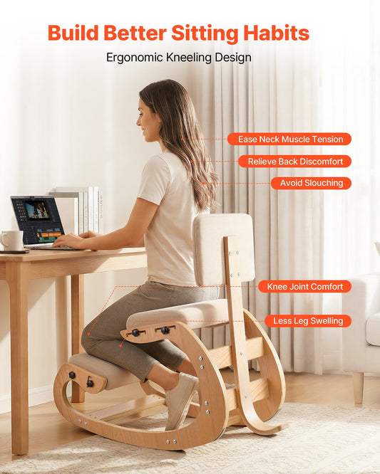 Ergonomic Wooden Kneeling Chair with Adjustable Height, Thick Foam Cushions, and Backrest for Home, Office, Meditation - Neck & Back Pain Relief