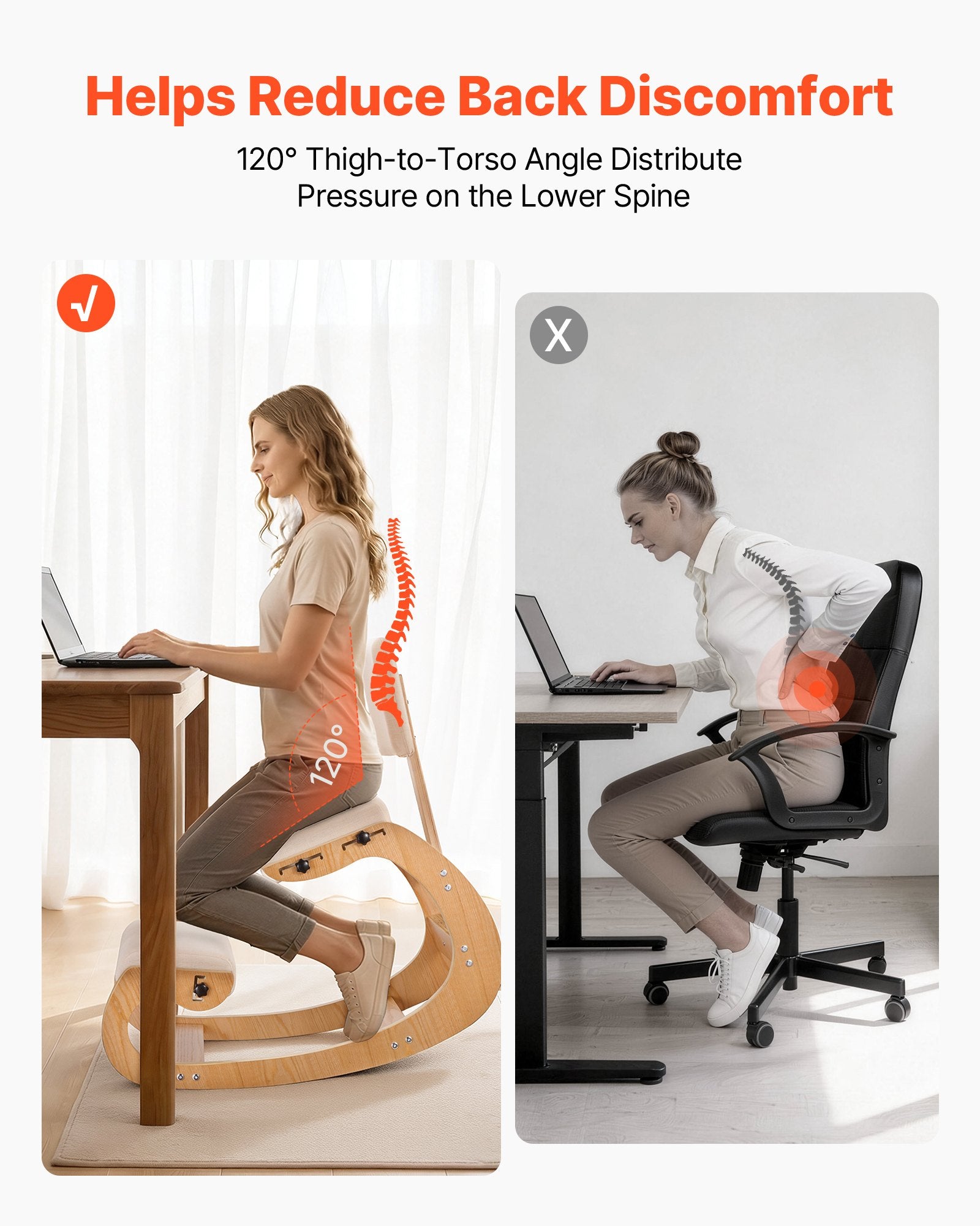 Ergonomic Wooden Kneeling Chair with Adjustable Height, Thick Foam Cushions, and Backrest for Home, Office, Meditation - Neck & Back Pain Relief