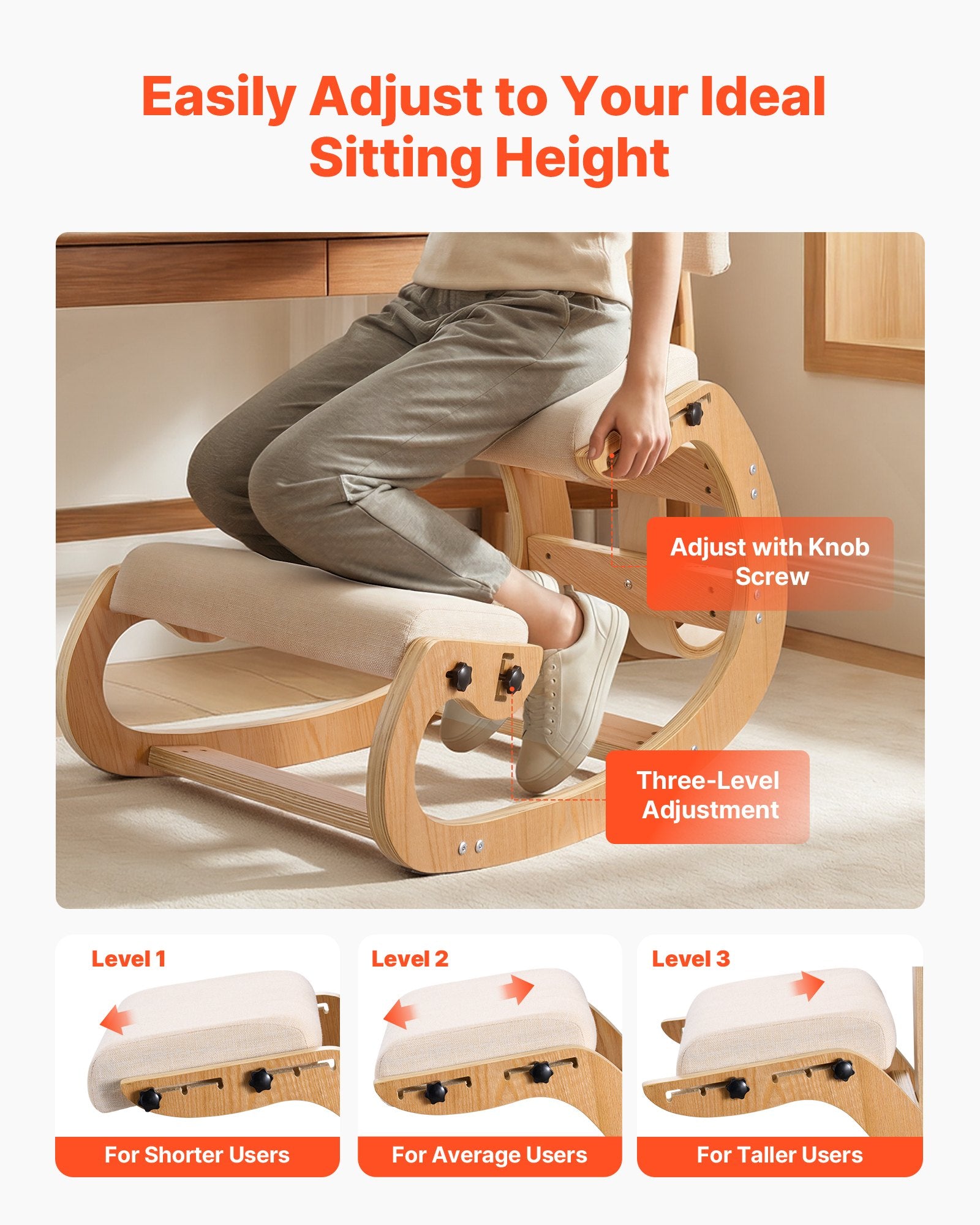 Ergonomic Wooden Kneeling Chair with Adjustable Height, Thick Foam Cushions, and Backrest for Home, Office, Meditation - Neck & Back Pain Relief