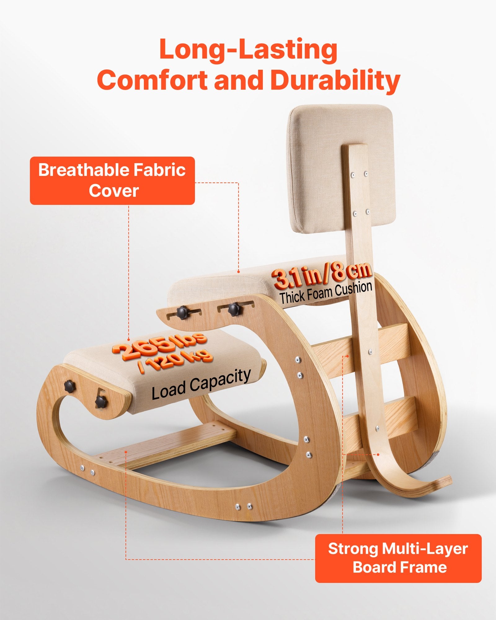 Ergonomic Wooden Kneeling Chair with Adjustable Height, Thick Foam Cushions, and Backrest for Home, Office, Meditation - Neck & Back Pain Relief