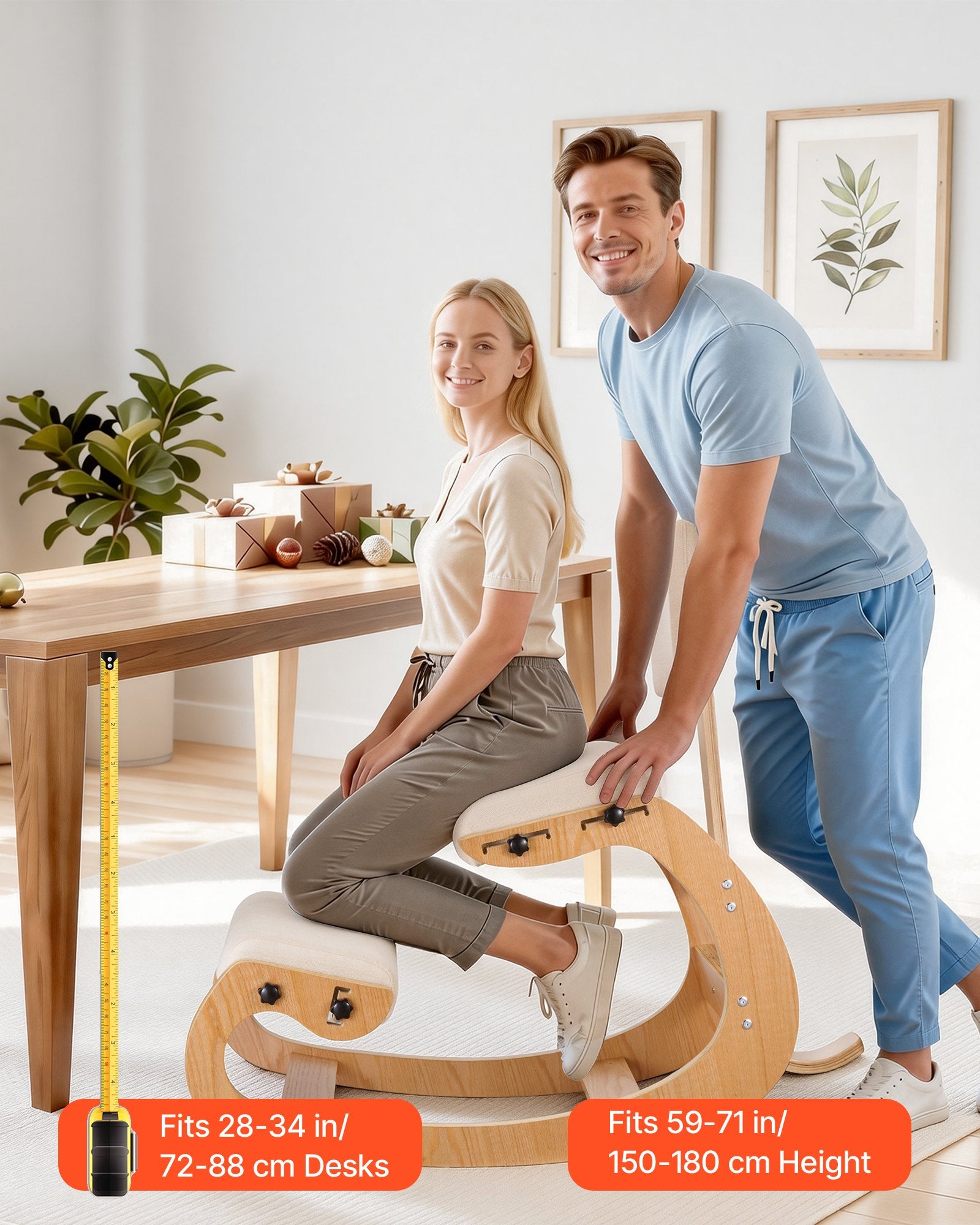 Ergonomic Wooden Kneeling Chair with Adjustable Height, Thick Foam Cushions, and Backrest for Home, Office, Meditation - Neck & Back Pain Relief