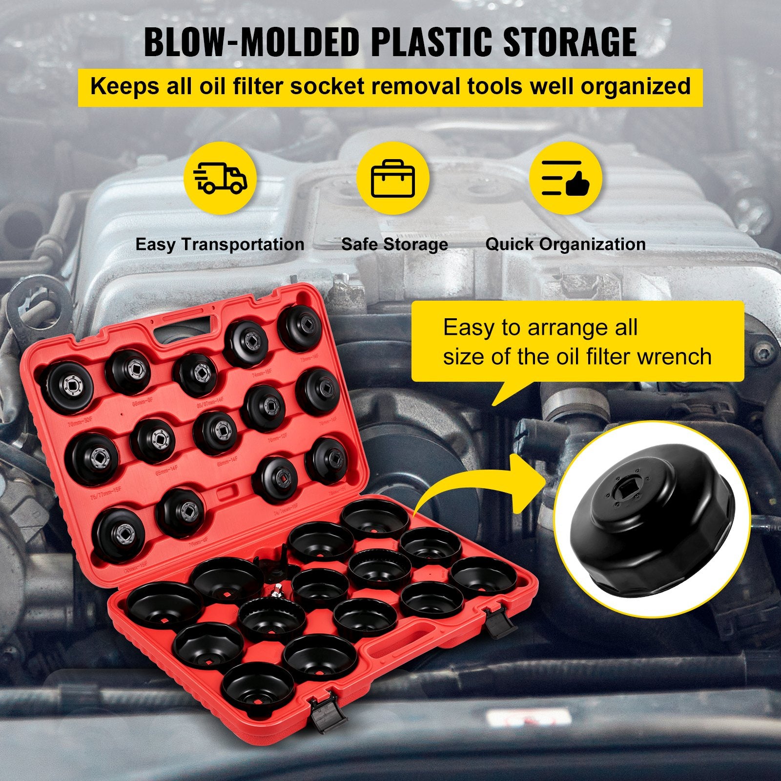 30-Piece Oil Filter Wrench Kit with Durable Electrocoated Steel Sockets, Low Profile 3/8" Drive, Compact Case for Easy Oil Filter Removal