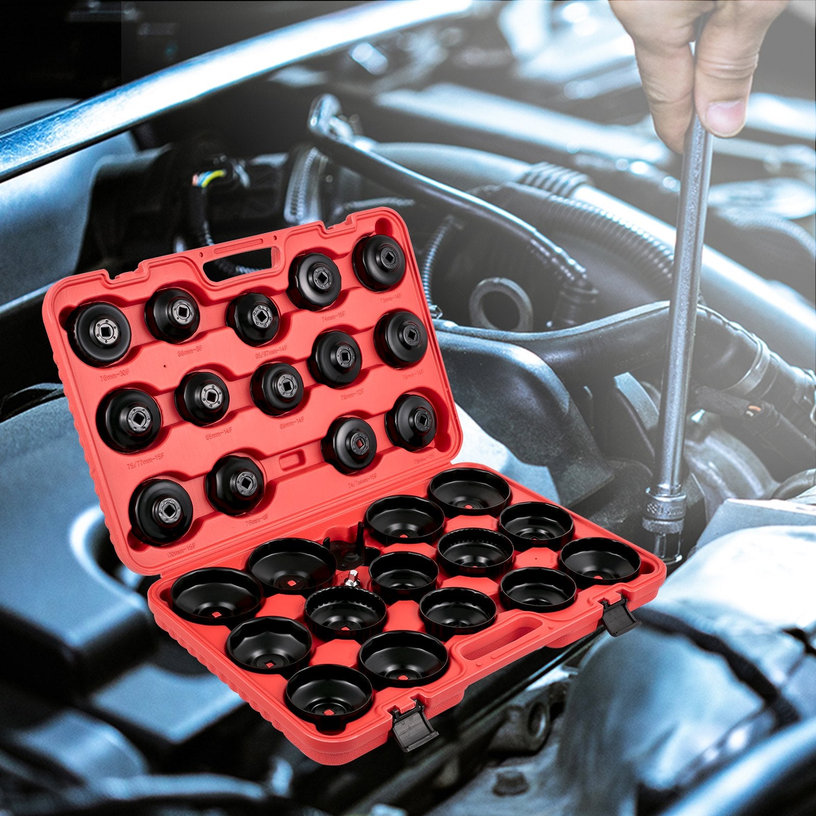 30-Piece Oil Filter Wrench Kit with Durable Electrocoated Steel Sockets, Low Profile 3/8" Drive, Compact Case for Easy Oil Filter Removal
