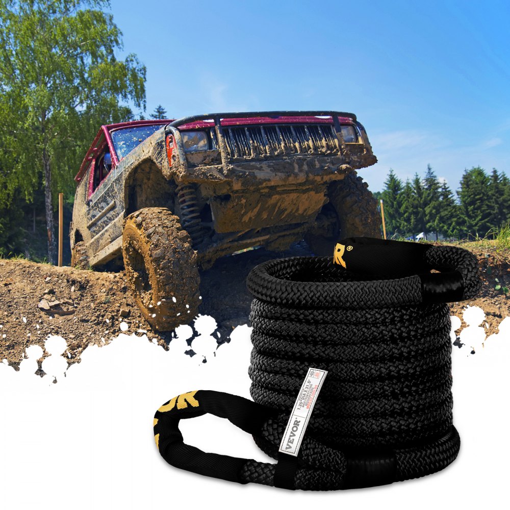 VEVOR 1-1/4" x 31.5' Recovery Tow Rope, 52,300 lbs, Heavy Duty Nylon Double Braided Kinetic Energy Rope w/ Loops and Protective Sleeves, for Truck Off-Road Vehicle ATV UTV, Carry Bag Included, Black