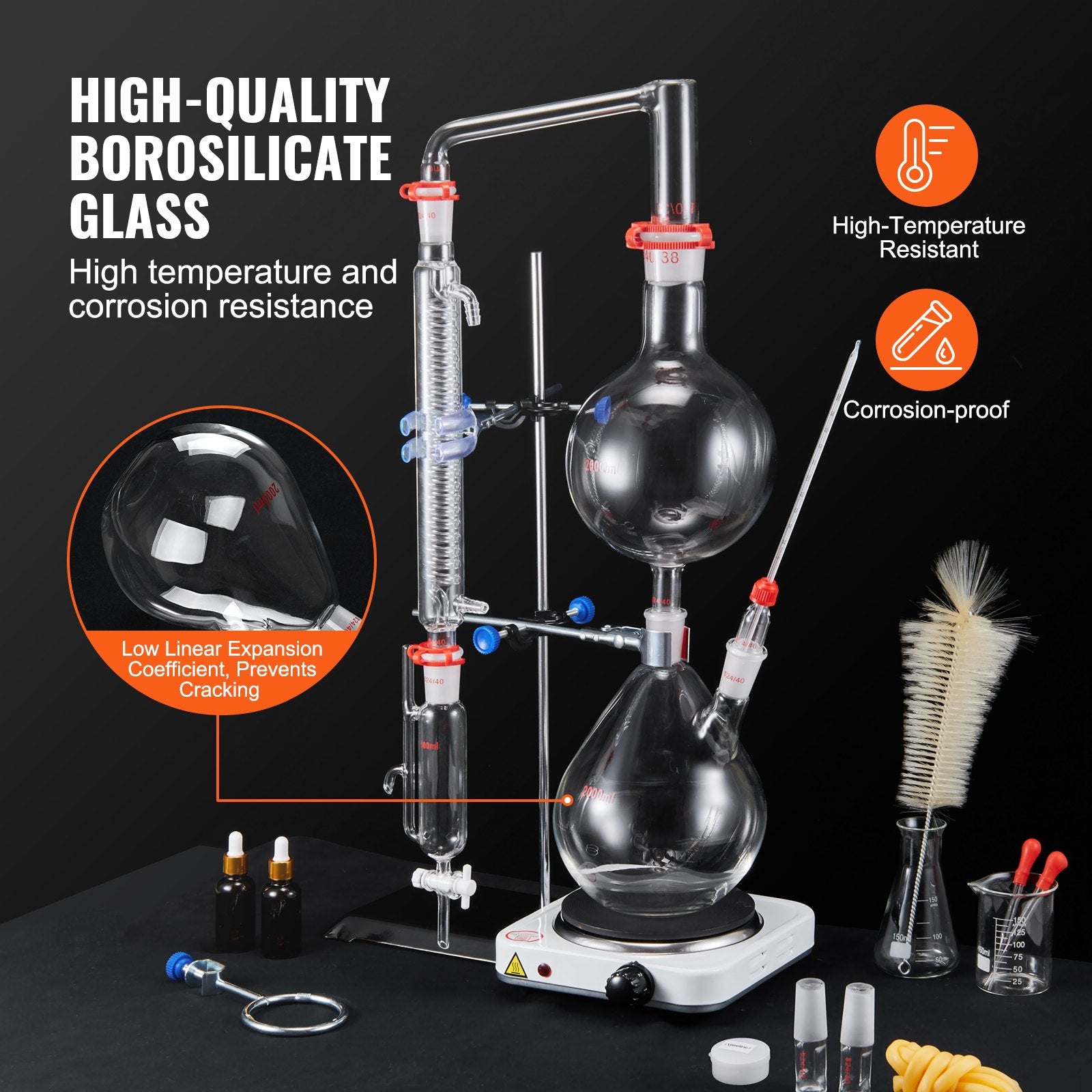 2000ml Essential Oil Distillation Kit with 1000W Heating Plate, Durable 3.3 Boro Glassware, Professional Lab Apparatus, 28-Piece Set