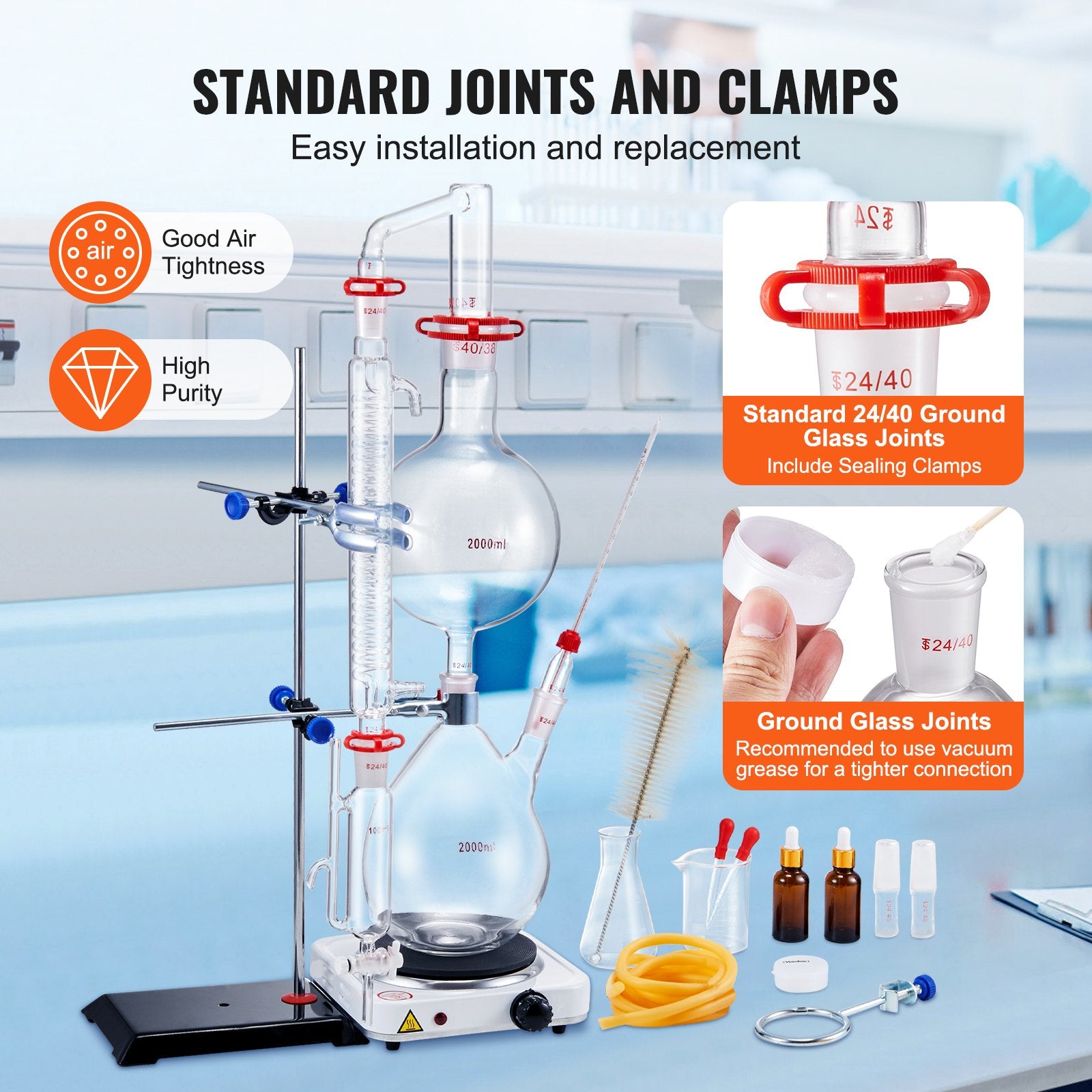 2000ml Essential Oil Distillation Kit with 1000W Heating Plate, Durable 3.3 Boro Glassware, Professional Lab Apparatus, 28-Piece Set