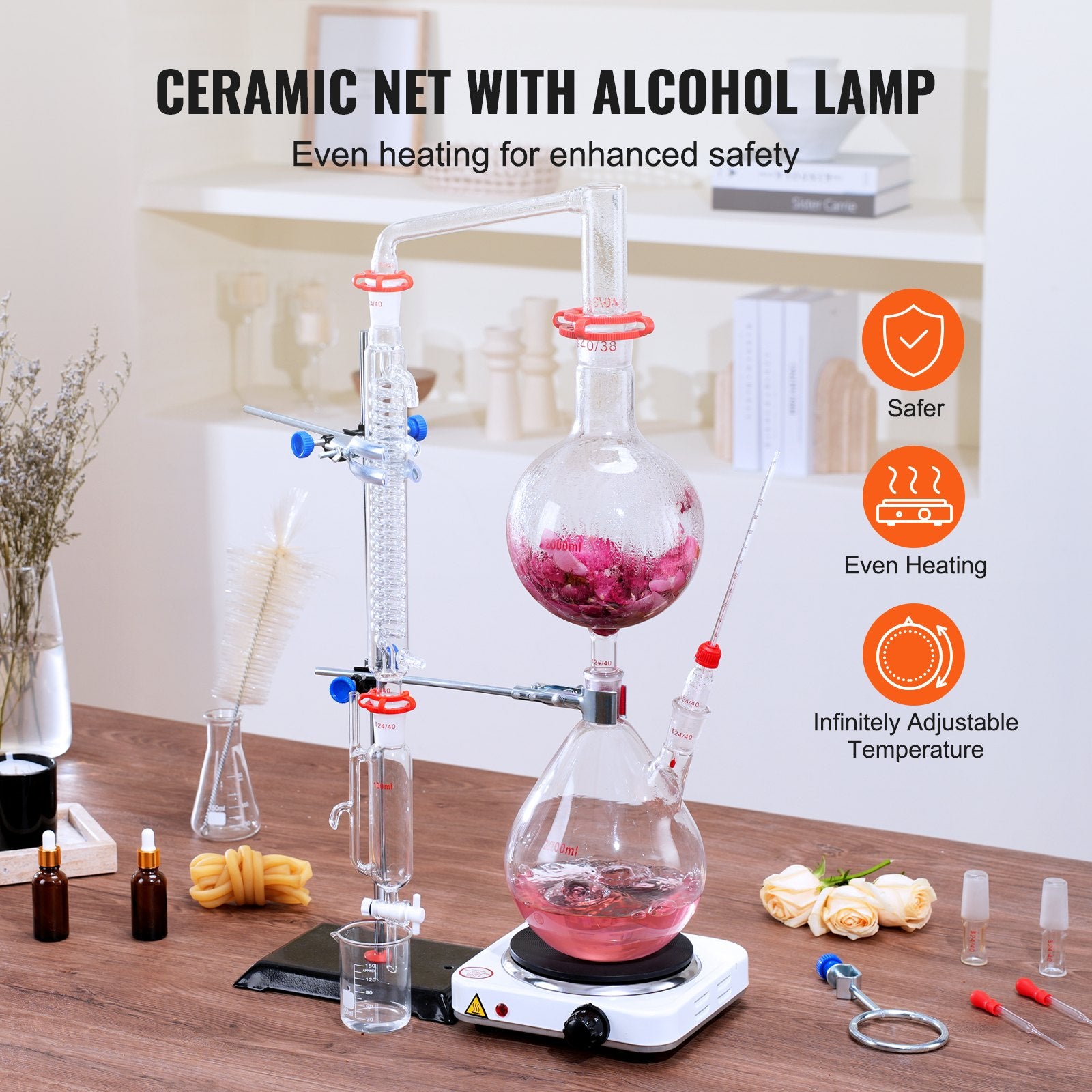 2000ml Essential Oil Distillation Kit with 1000W Heating Plate, Durable 3.3 Boro Glassware, Professional Lab Apparatus, 28-Piece Set