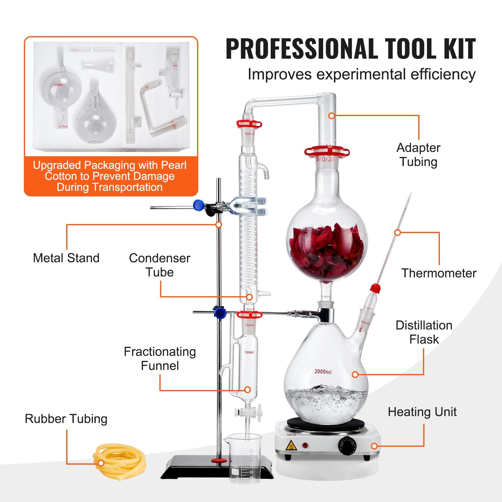2000ml Essential Oil Distillation Kit with 1000W Heating Plate, Durable 3.3 Boro Glassware, Professional Lab Apparatus, 28-Piece Set