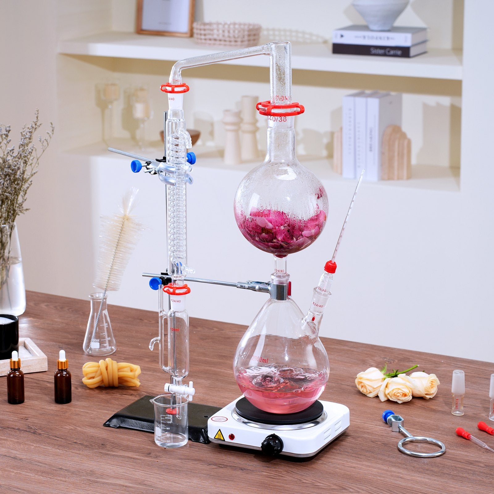 2000ml Essential Oil Distillation Kit with 1000W Heating Plate, Durable 3.3 Boro Glassware, Professional Lab Apparatus, 28-Piece Set