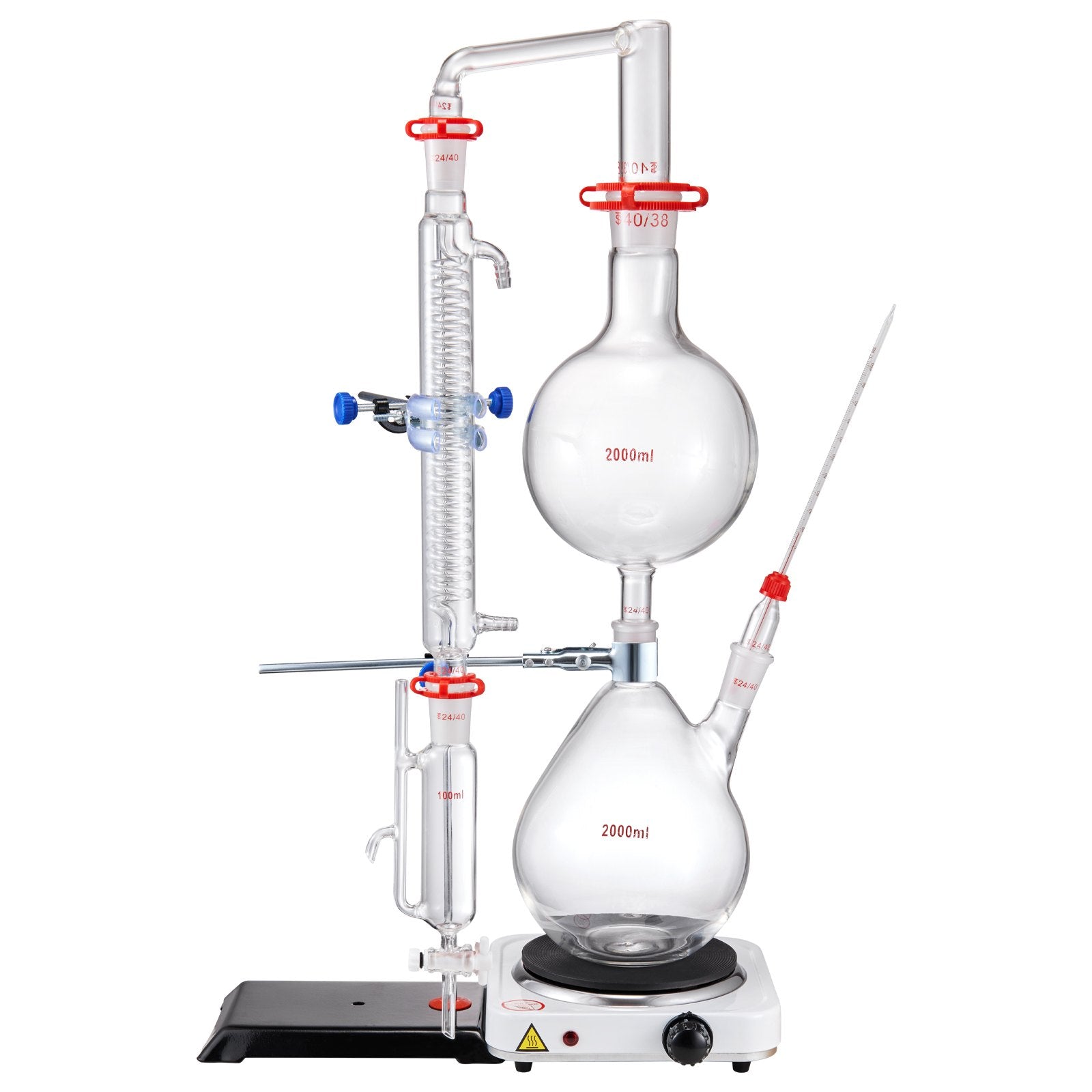 2000ml Essential Oil Distillation Kit with 1000W Heating Plate, Durable 3.3 Boro Glassware, Professional Lab Apparatus, 28-Piece Set