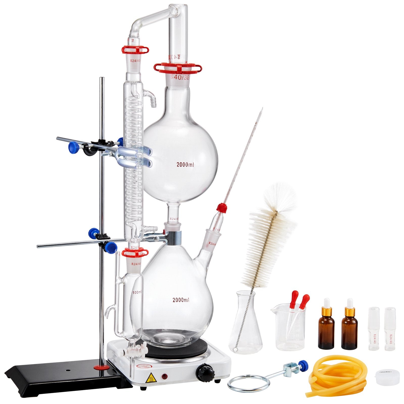 2000ml Essential Oil Distillation Kit with 1000W Heating Plate, Durable 3.3 Boro Glassware, Professional Lab Apparatus, 28-Piece Set