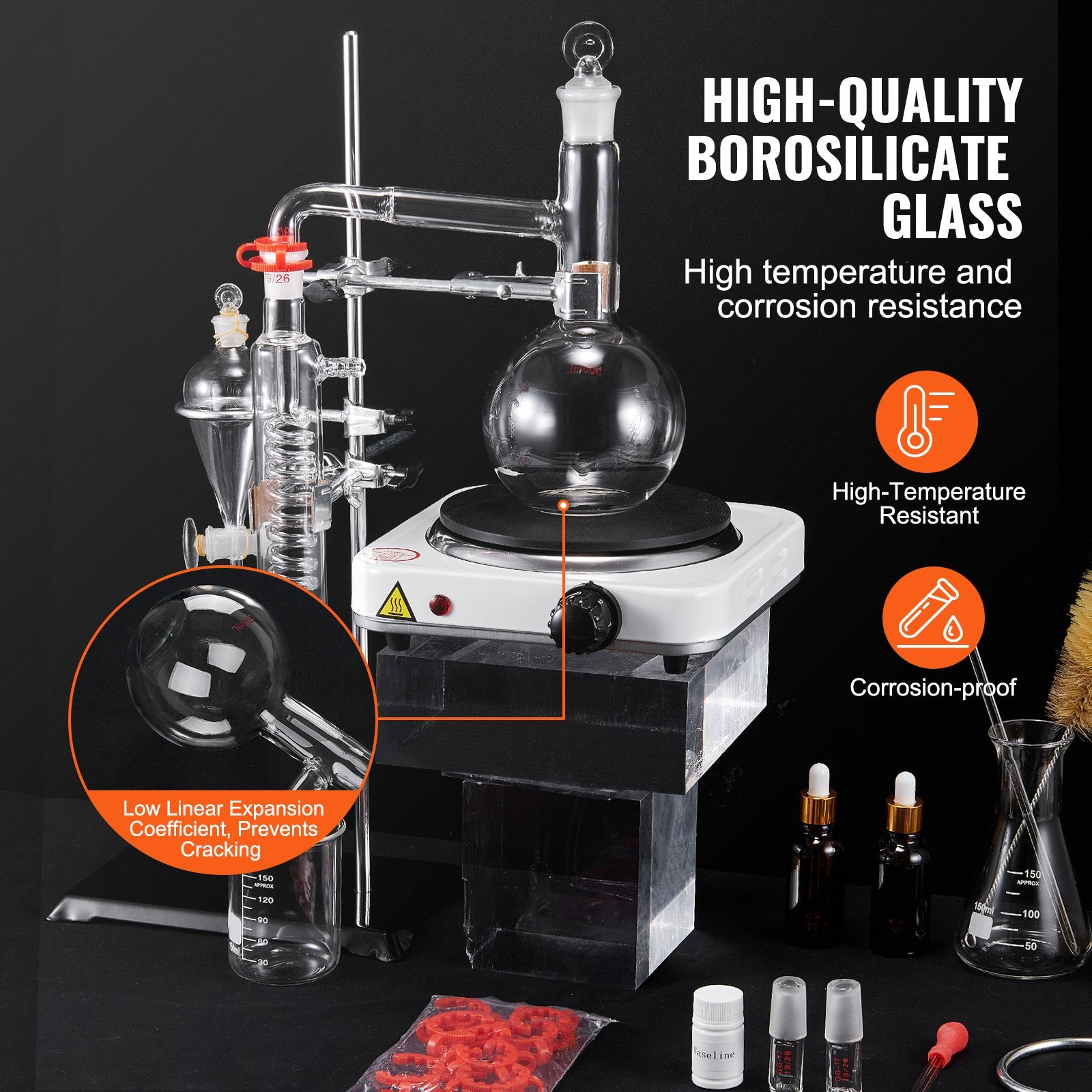 500ml Essential Oil Distillation Apparatus Set with 1000W Heating Plate | 3.3 Boro Lab Glassware, 24/40 Joint, Professional 33-Piece Kit for Efficient Distillation