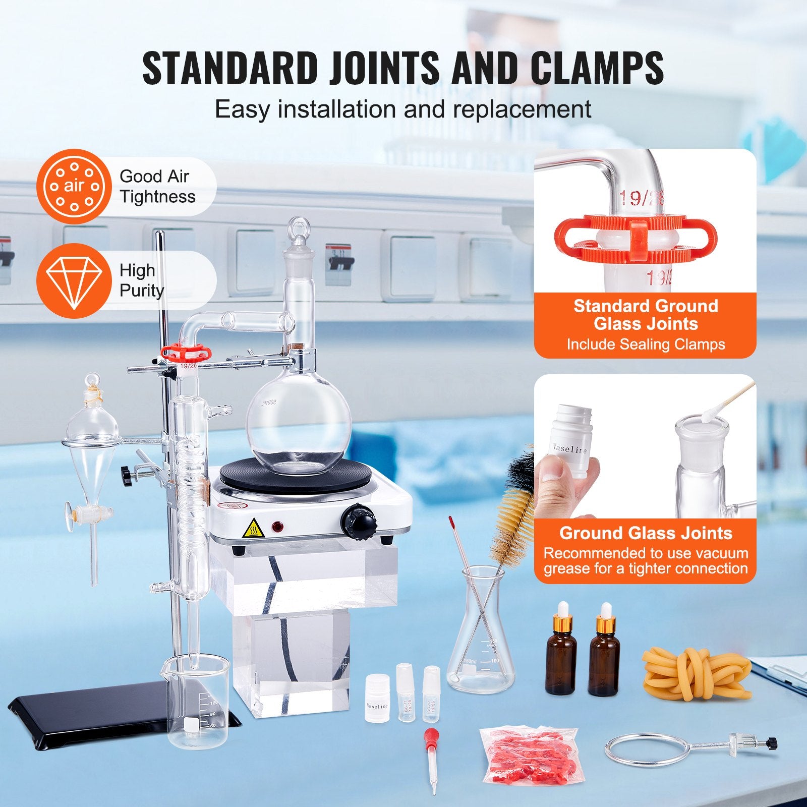 500ml Essential Oil Distillation Apparatus Set with 1000W Heating Plate | 3.3 Boro Lab Glassware, 24/40 Joint, Professional 33-Piece Kit for Efficient Distillation