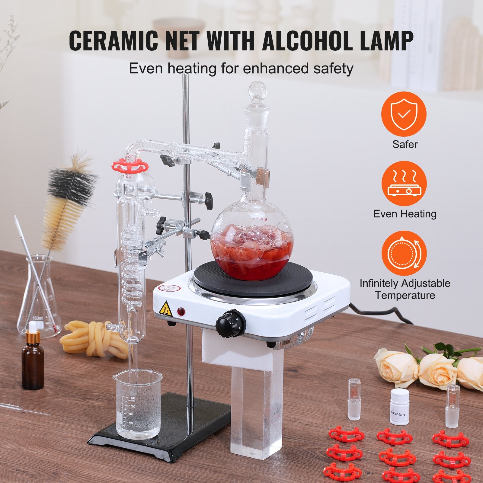 500ml Essential Oil Distillation Apparatus Set with 1000W Heating Plate | 3.3 Boro Lab Glassware, 24/40 Joint, Professional 33-Piece Kit for Efficient Distillation