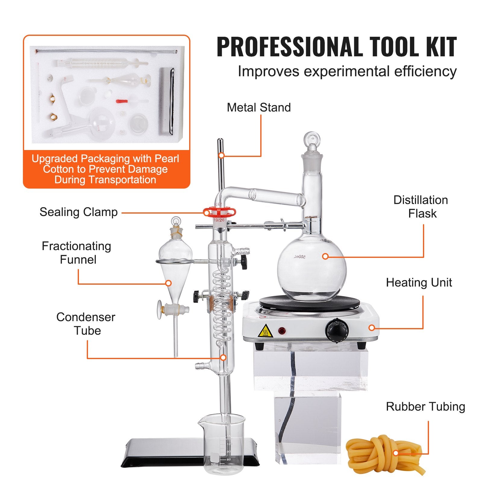 500ml Essential Oil Distillation Apparatus Set with 1000W Heating Plate | 3.3 Boro Lab Glassware, 24/40 Joint, Professional 33-Piece Kit for Efficient Distillation