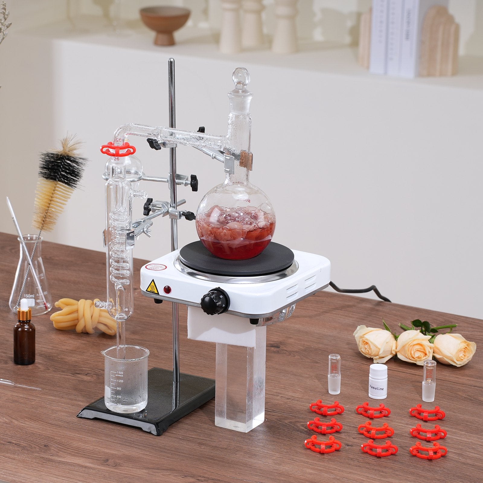 500ml Essential Oil Distillation Apparatus Set with 1000W Heating Plate | 3.3 Boro Lab Glassware, 24/40 Joint, Professional 33-Piece Kit for Efficient Distillation