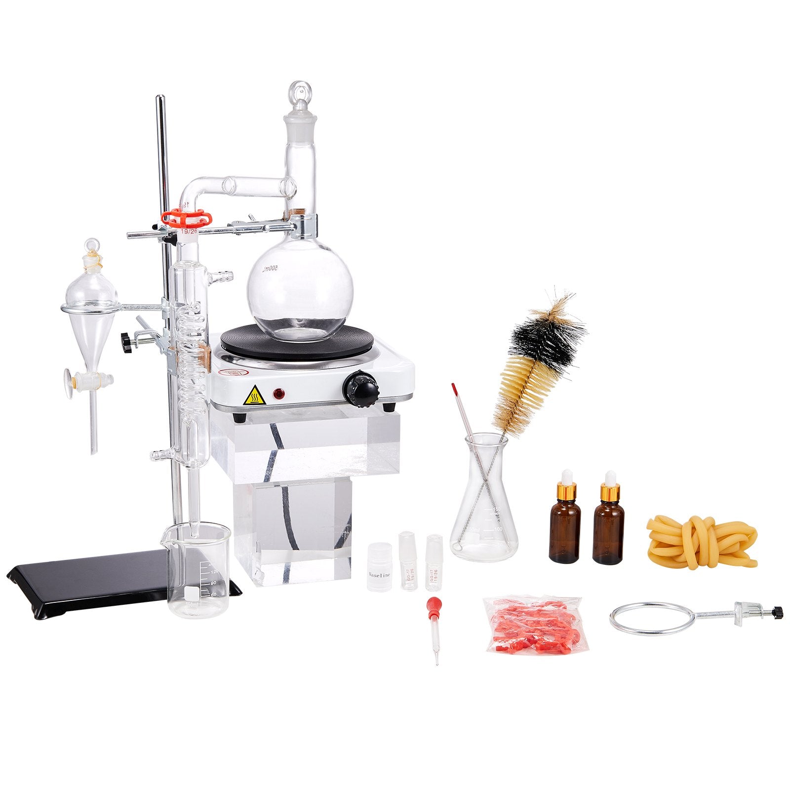 500ml Essential Oil Distillation Apparatus Set with 1000W Heating Plate | 3.3 Boro Lab Glassware, 24/40 Joint, Professional 33-Piece Kit for Efficient Distillation