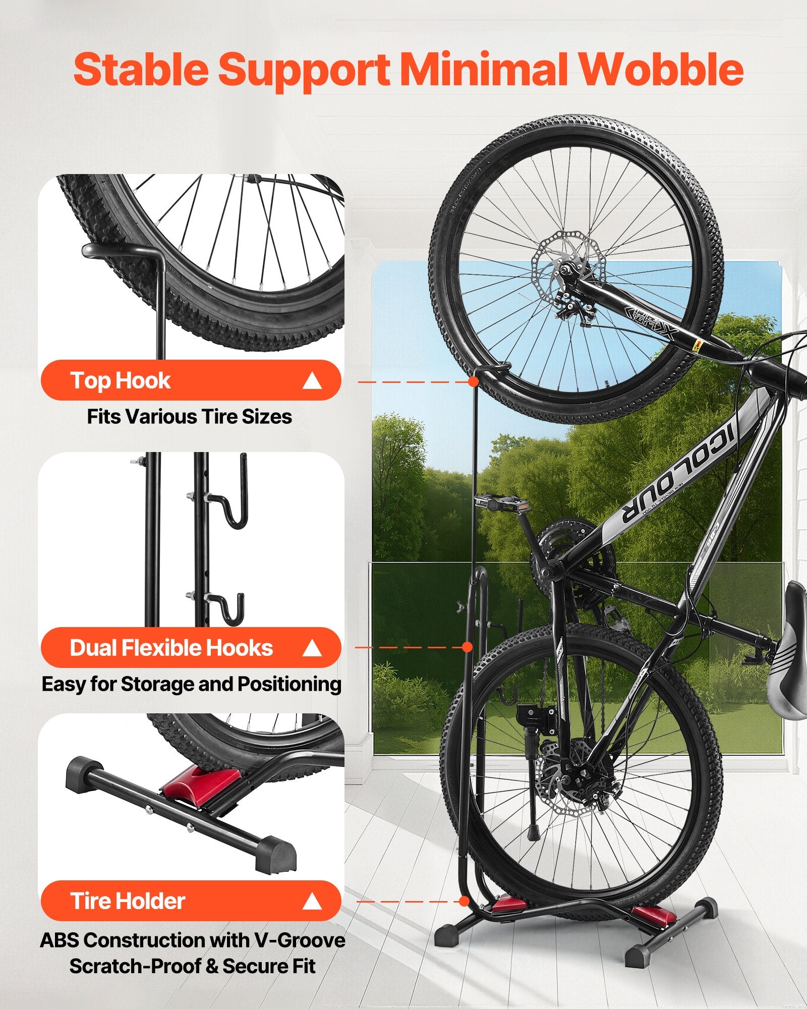 Versatile Bike Rack Stand for 16-27.5 Inch Bikes | Secure Floor Parking & Storage | Garage, Truck Bed, Indoor & Outdoor Use | Black Carbon Steel