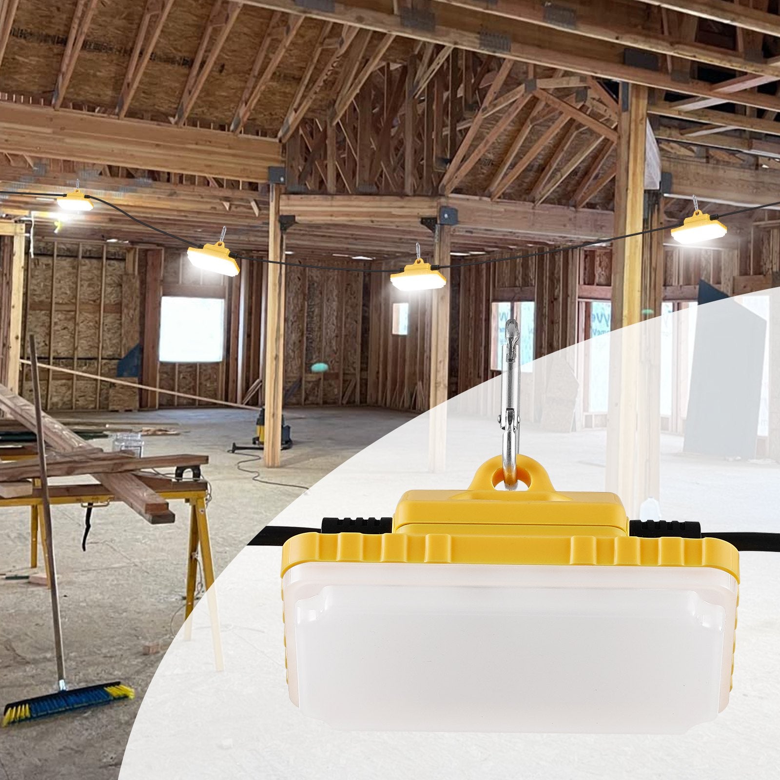 100FT String Work Lights, 150W 15000LM, 10 Bulbs, 5000-5500K, IP65 Waterproof, Ideal for Construction Sites, Indoor & Outdoor Temporary Lighting, ETL Certified, Easy Install with Hanging Hooks
