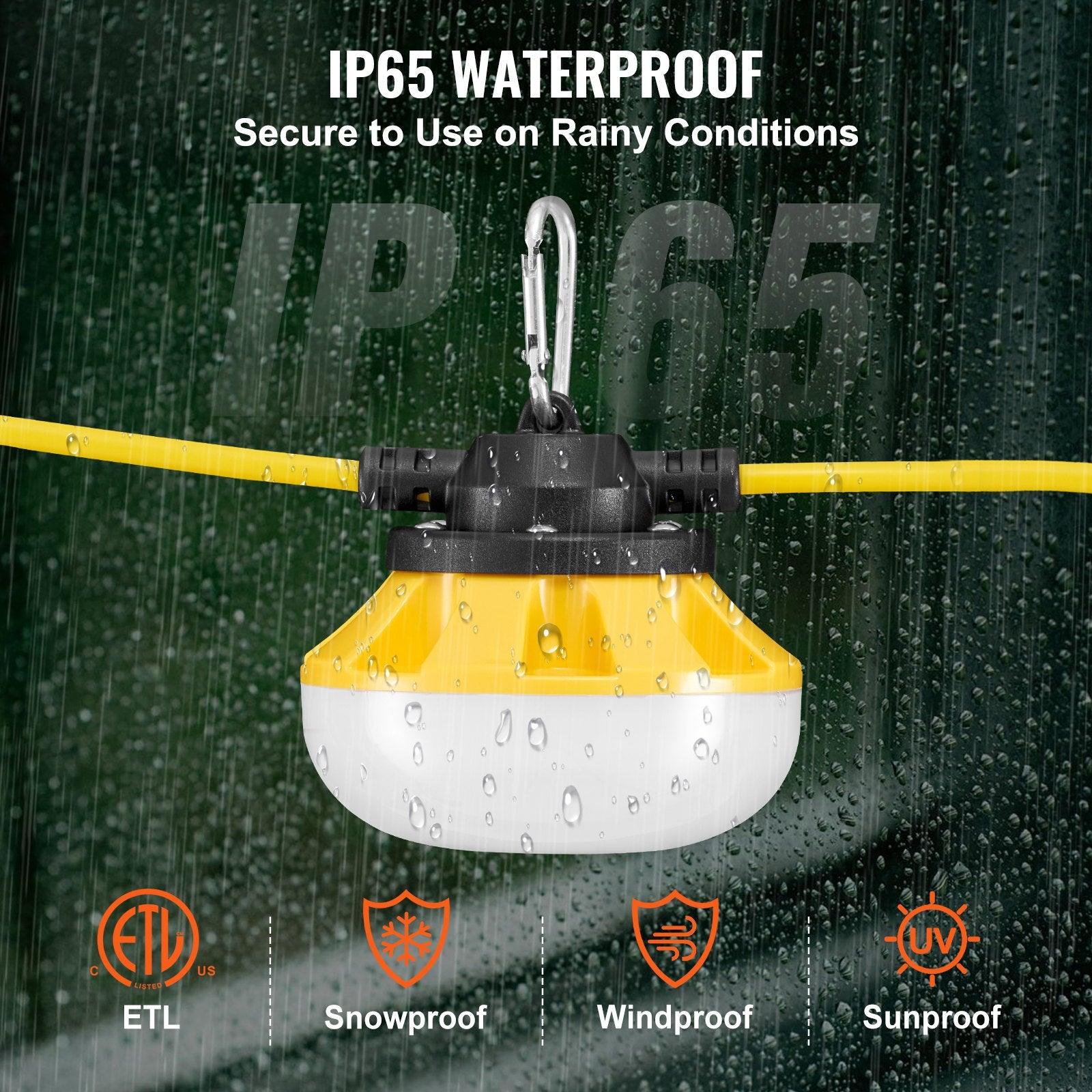 50FT Waterproof Construction String Lights, 5000K Daylight, 5000LM, 5-Bulb Work Light with Hanging Hooks for Indoor & Outdoor Sites
