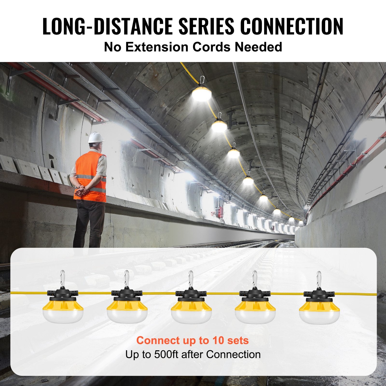 50FT Waterproof Construction String Lights, 5000K Daylight, 5000LM, 5-Bulb Work Light with Hanging Hooks for Indoor & Outdoor Sites