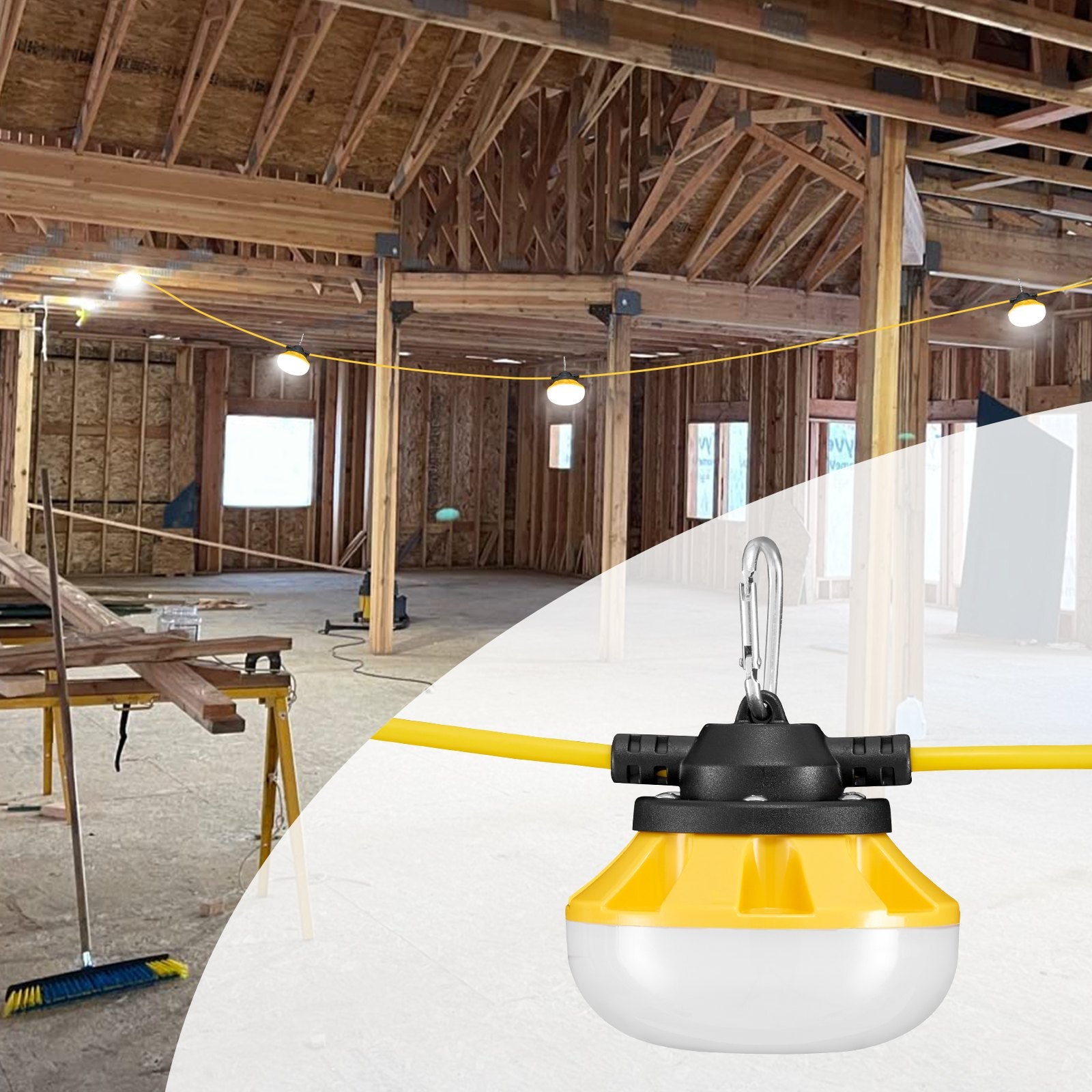 50FT Waterproof Construction String Lights, 5000K Daylight, 5000LM, 5-Bulb Work Light with Hanging Hooks for Indoor & Outdoor Sites