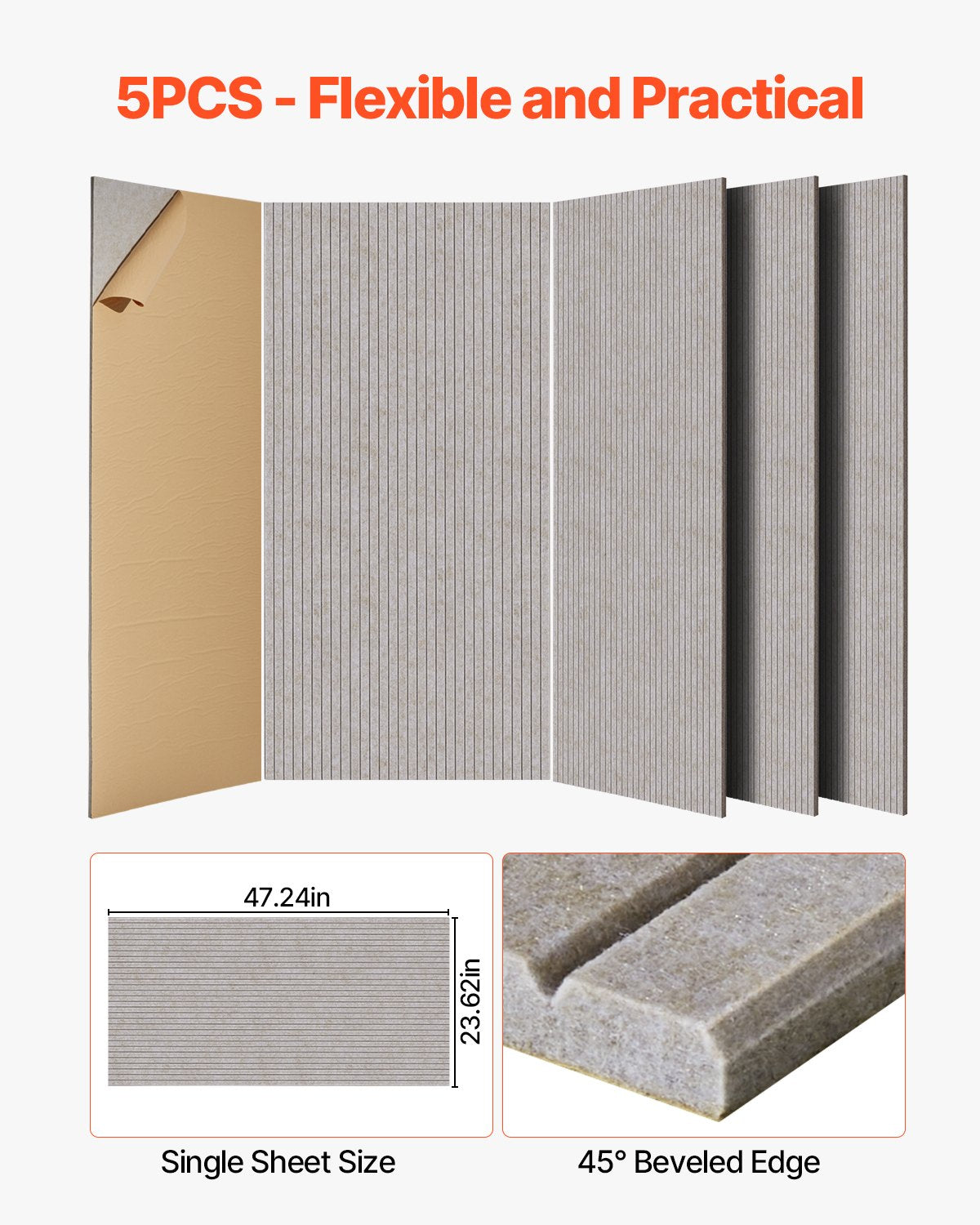 5PCS Self-Adhesive Acoustic Panels, High-Density Soundproof Foam for Home, Studio, Office, Theater - Polyester Fiber, Camel, 47.2 x 23.6 inches