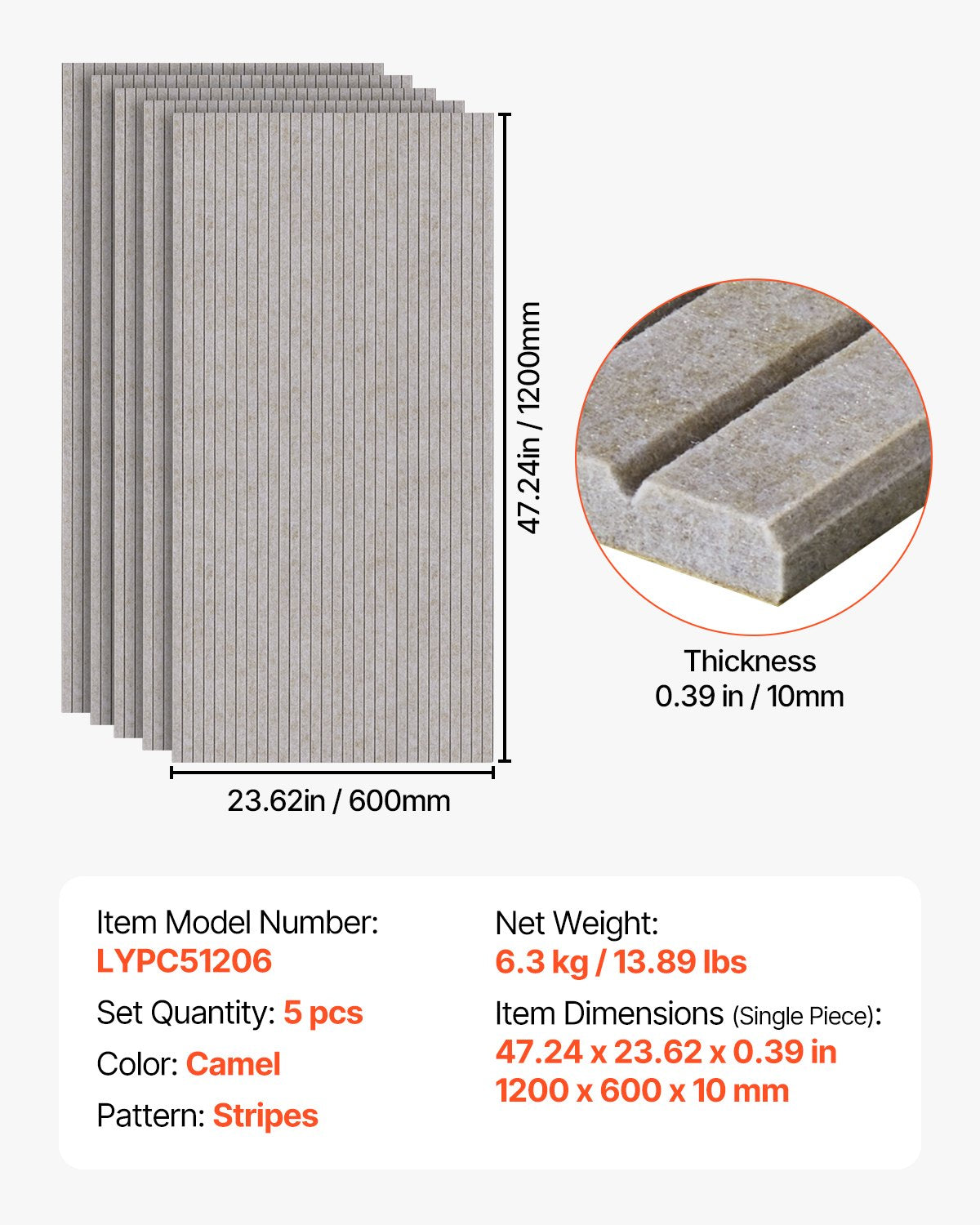 5PCS Self-Adhesive Acoustic Panels, High-Density Soundproof Foam for Home, Studio, Office, Theater - Polyester Fiber, Camel, 47.2 x 23.6 inches