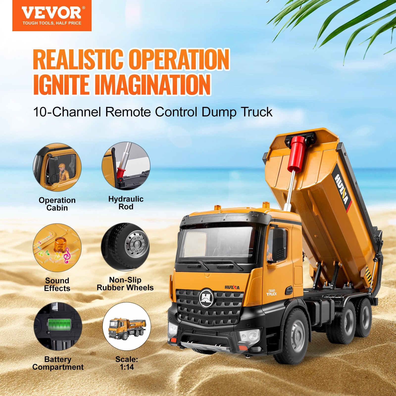 Remote Control 10-Channel RC Dump Truck Toy, 1:14 Scale Construction Vehicle with Lights, Rechargeable Batteries, Perfect Gift for Kids 6+