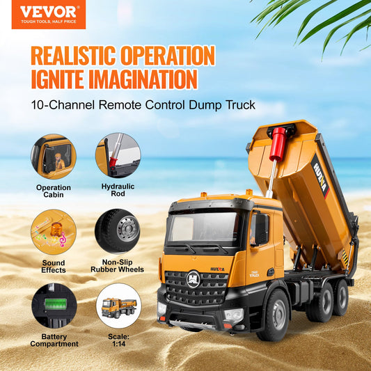 Remote Control 10-Channel RC Dump Truck Toy, 1:14 Scale Construction Vehicle with Lights, Rechargeable Batteries, Perfect Gift for Kids 6+
