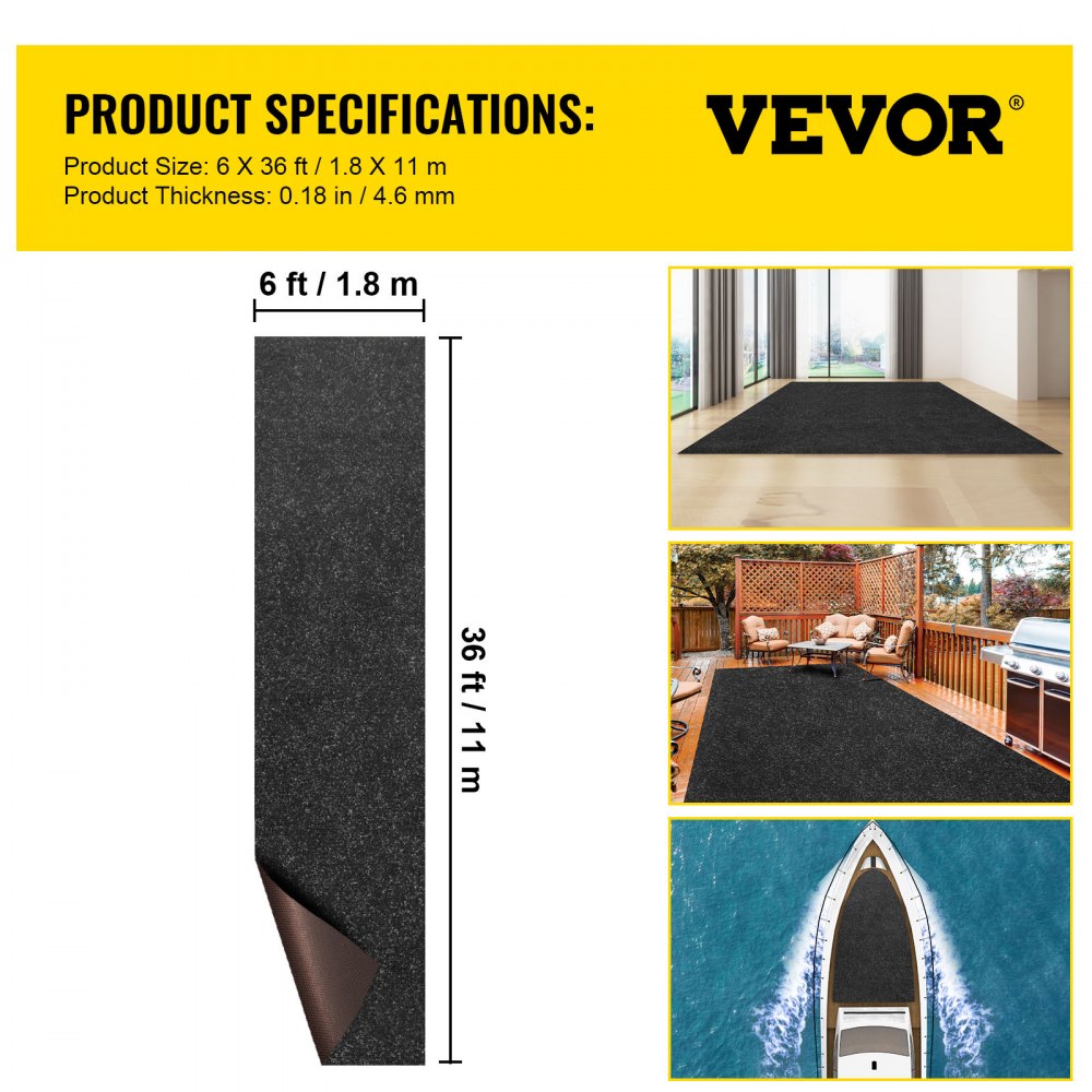 VEVOR Marine Carpet, 6 x 36 ft Charcoal Black Marine Grade Boat Carpet, Marine Carpeting with Soft Cut Pile and Water-Proof TPR Backing, Carpet Roll for Home, Patio, Porch, Deck