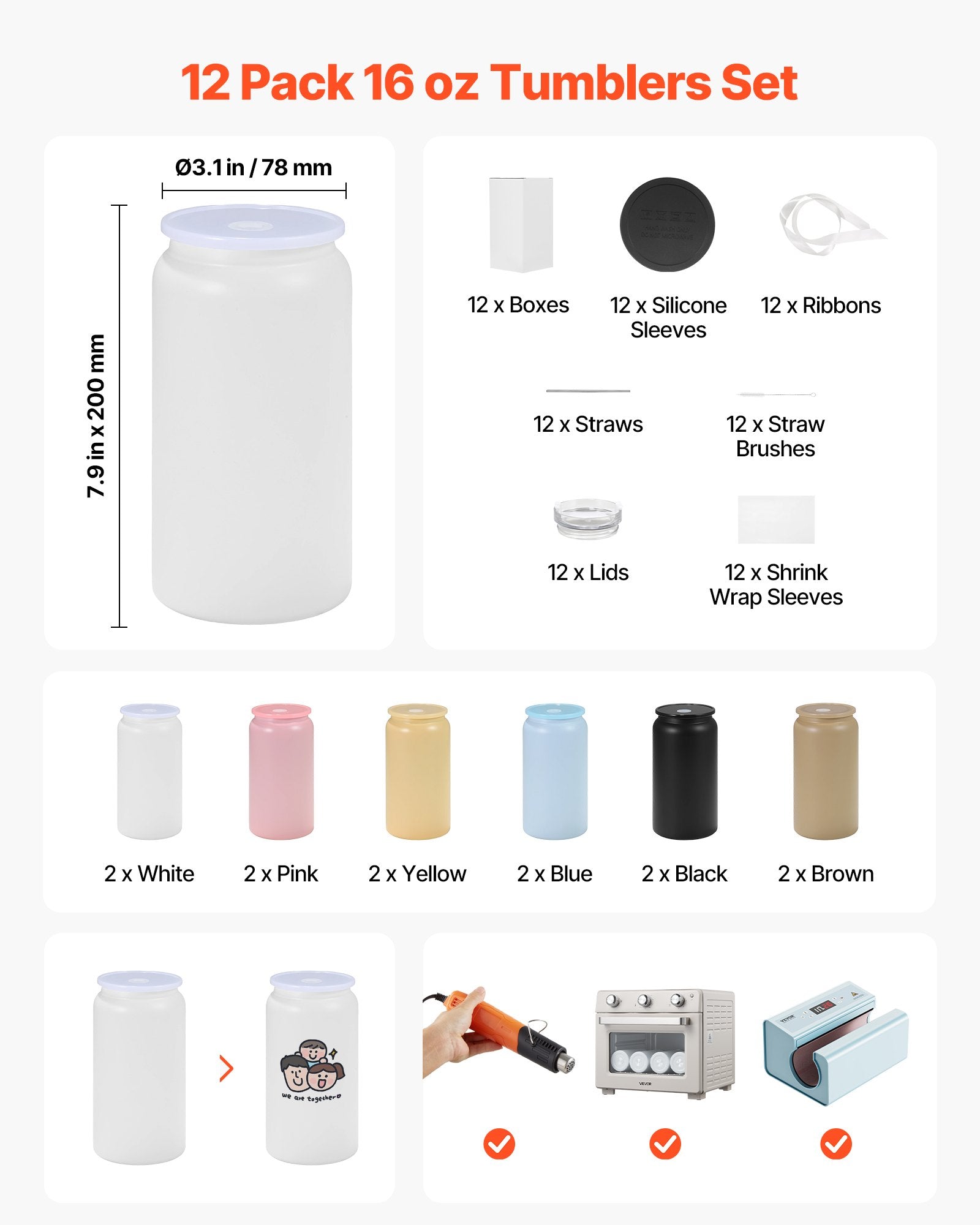12 Pack of 16 oz Multicolored Stainless Steel Tumblers for Sublimation with Lids & Straws - Bulk Insulated, DIY Customizable Blanks