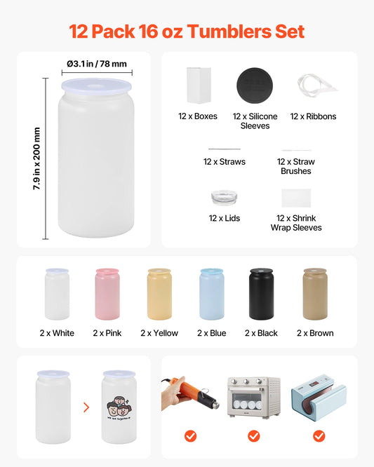 12 Pack of 16 oz Multicolored Stainless Steel Tumblers for Sublimation with Lids & Straws - Bulk Insulated, DIY Customizable Blanks