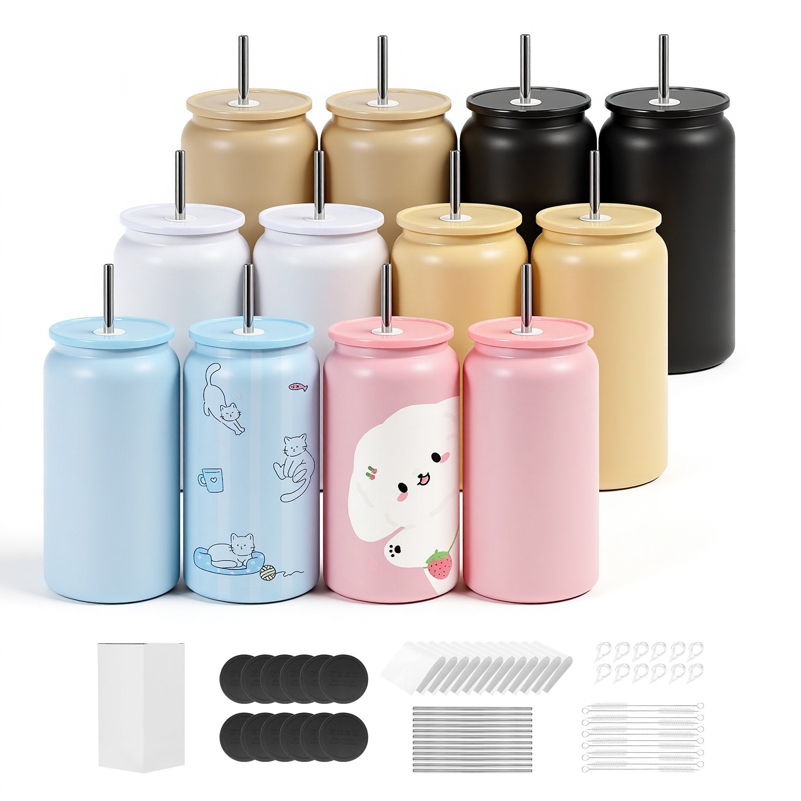 12 Pack of 16 oz Multicolored Stainless Steel Tumblers for Sublimation with Lids & Straws - Bulk Insulated, DIY Customizable Blanks