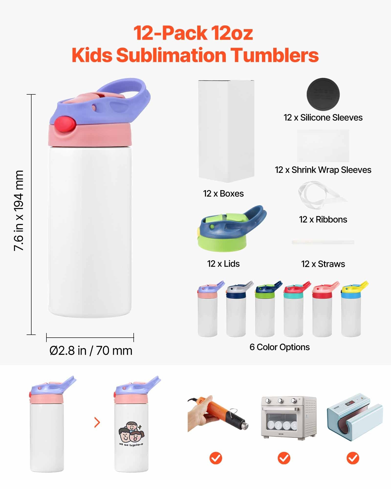 12 oz Kids Sublimation Water Bottles, 12 Pack Set - Food-Grade Stainless Steel Tumblers with Lids and Straws for DIY Customization