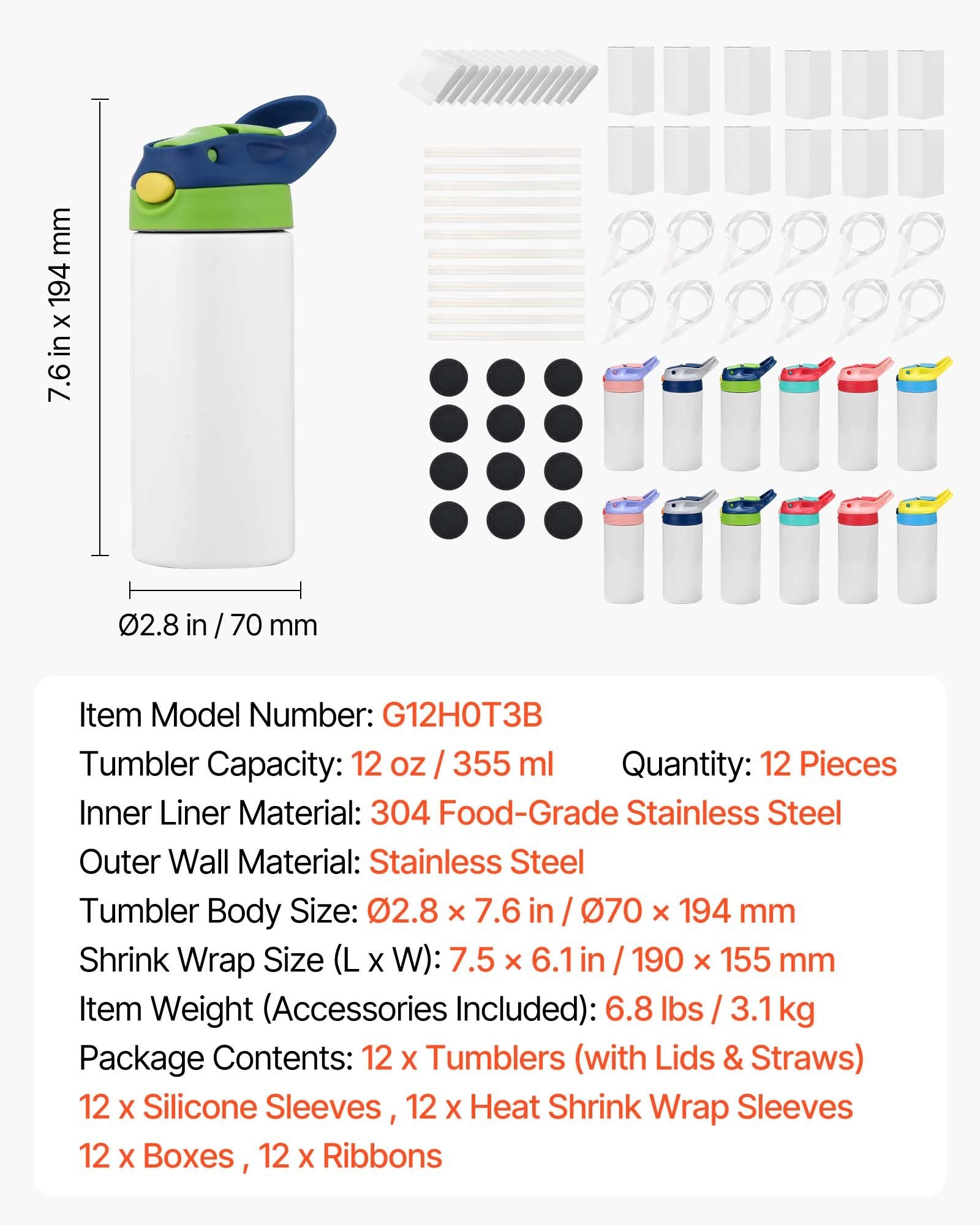 12 oz Kids Sublimation Water Bottles, 12 Pack Set - Food-Grade Stainless Steel Tumblers with Lids and Straws for DIY Customization